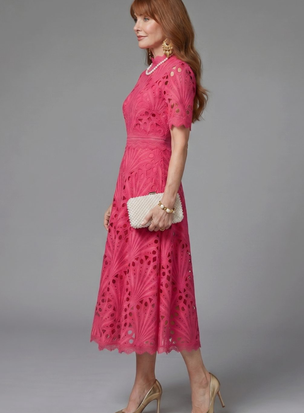 Women's Eyelet Lace High-Neck Short-Sleeve Midi Cocktail Dress