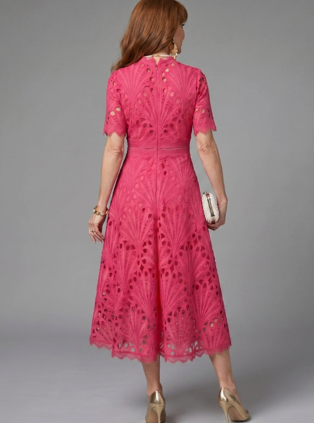 Women's Eyelet Lace High-Neck Short-Sleeve Midi Cocktail Dress