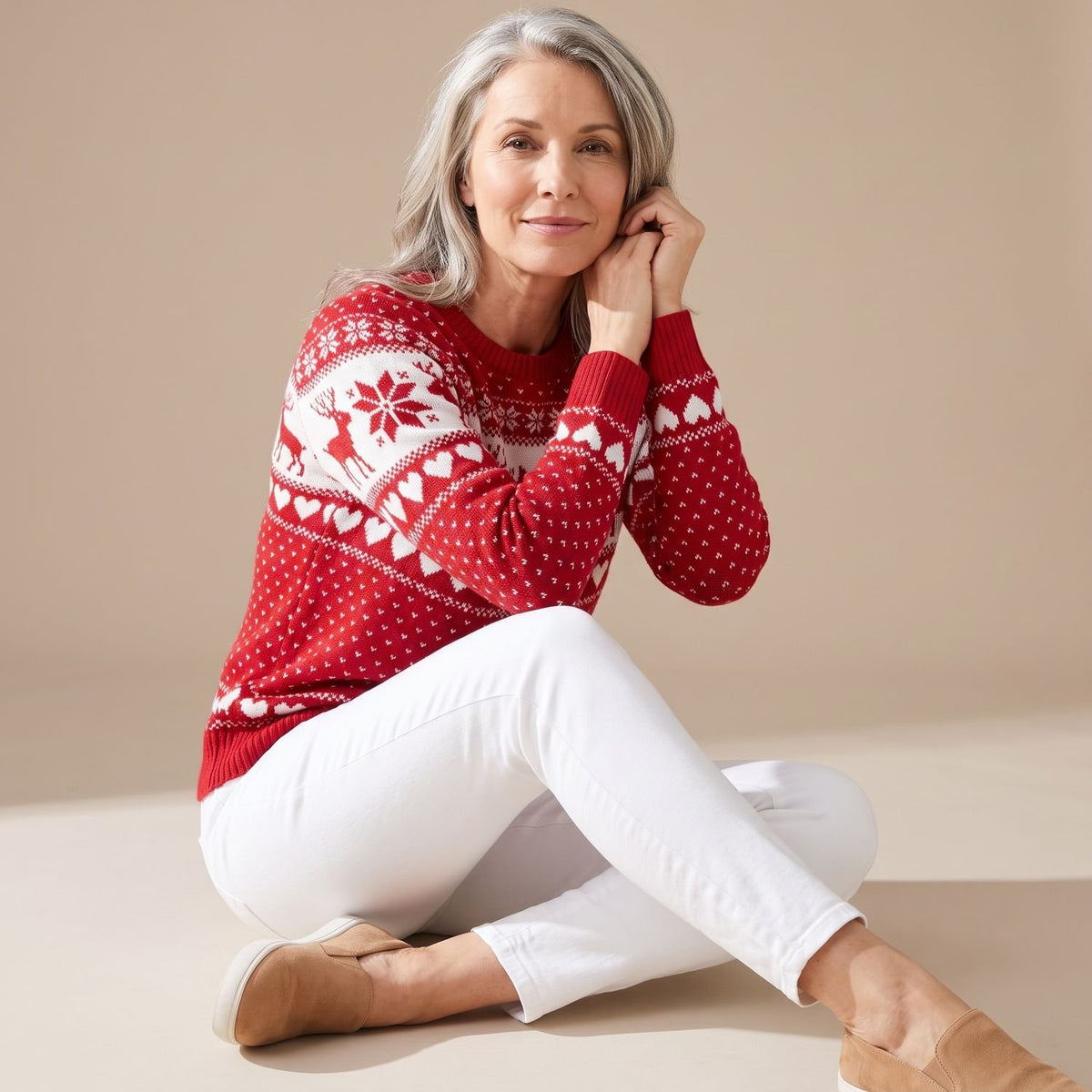 Women's Fair Isle Christmas Knit Crew-Neck Sweater - White