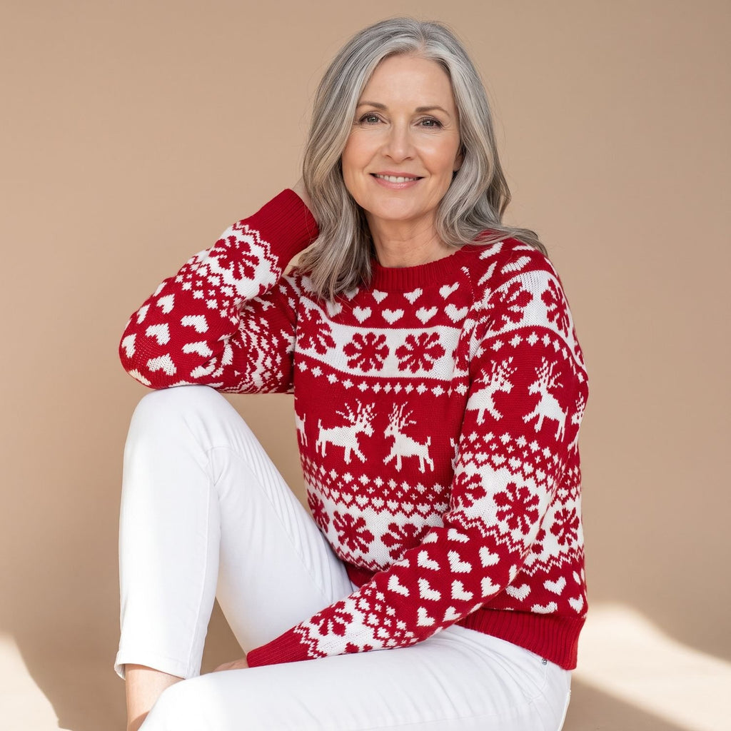 Women's Fair Isle Christmas Knit Crew-Neck Sweater - Red