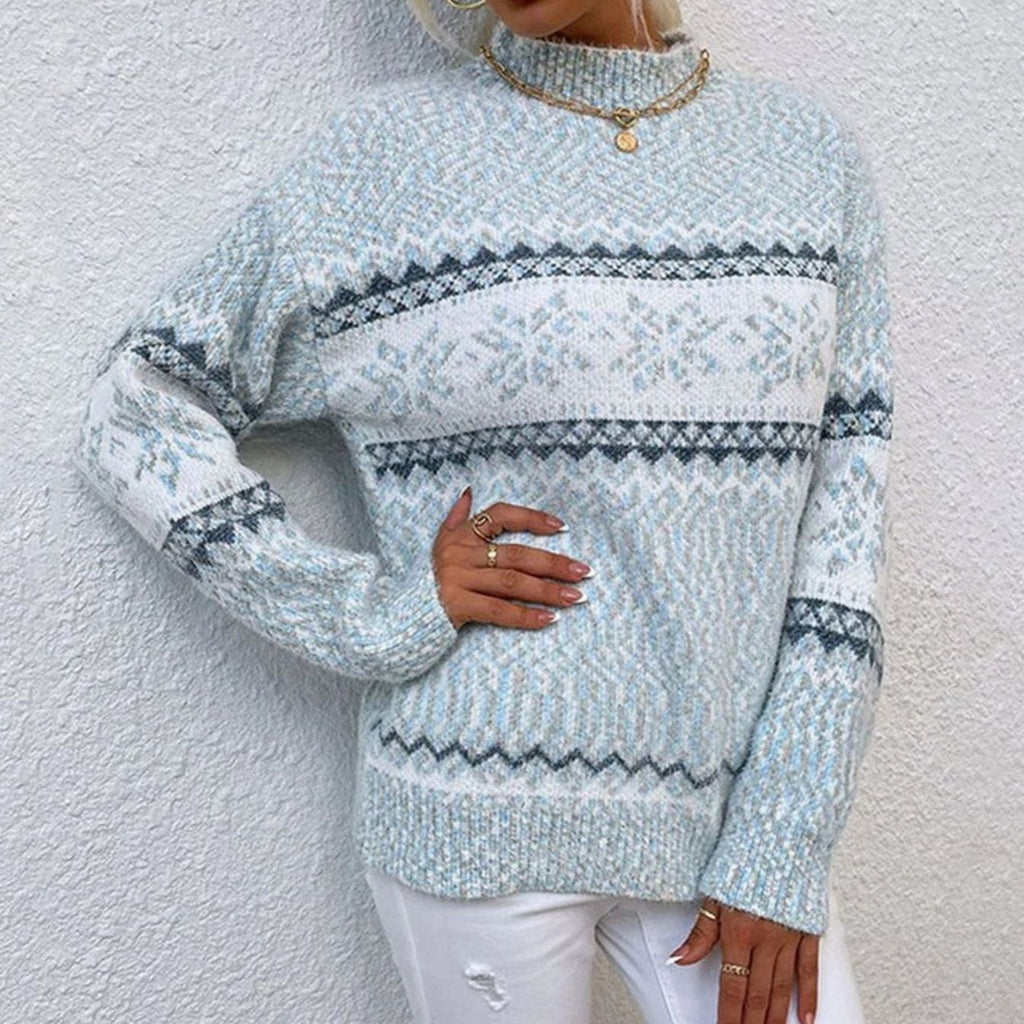 Women's Fair Isle Snowflake Long-Sleeve Knit Christmas Sweater - Light Blue