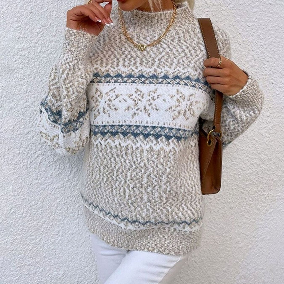 Women's Fair Isle Snowflake Long-Sleeve Knit Christmas Sweater - Beige