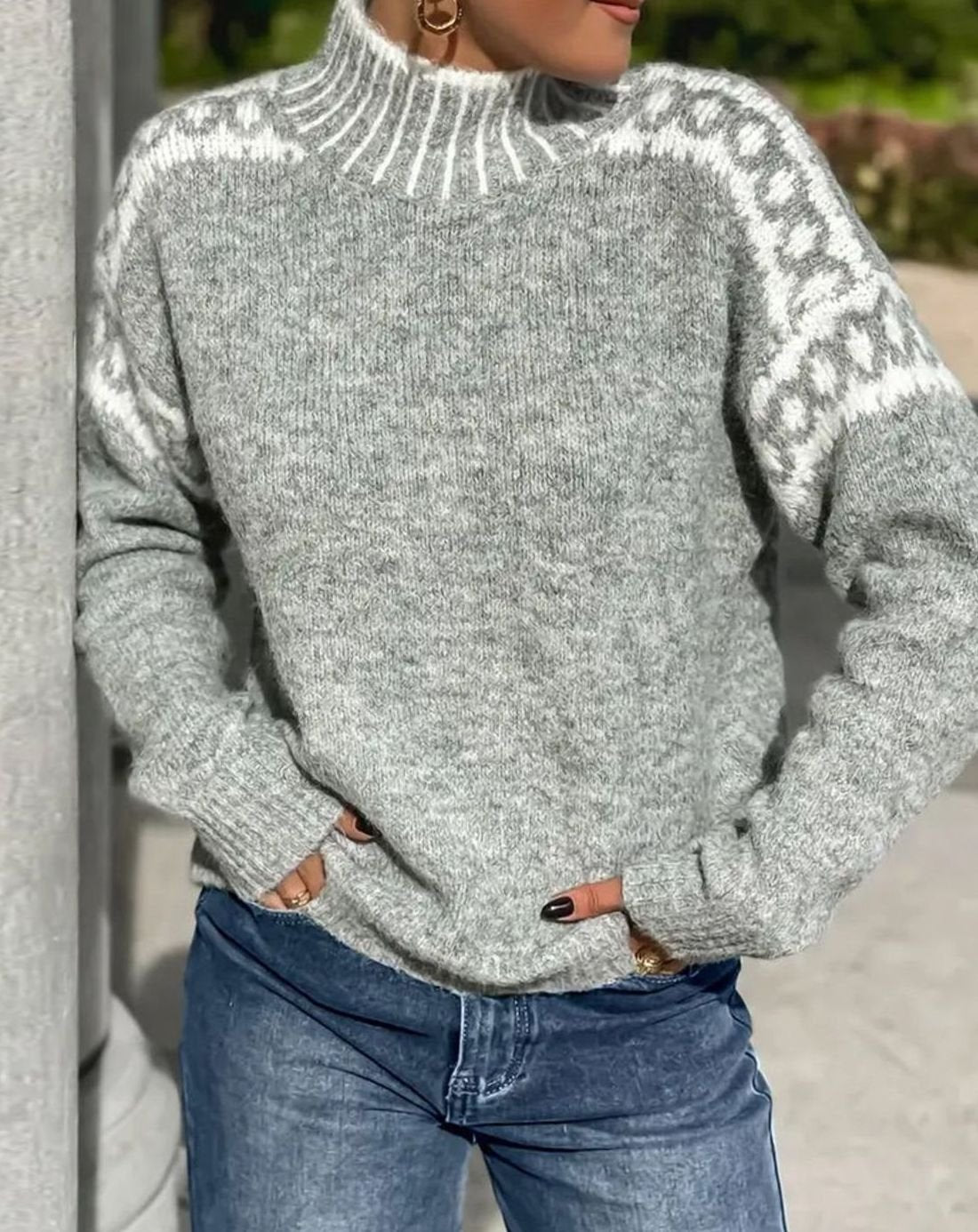Women's Fair Isle Turtleneck Relaxed Knit Sweater - Gray