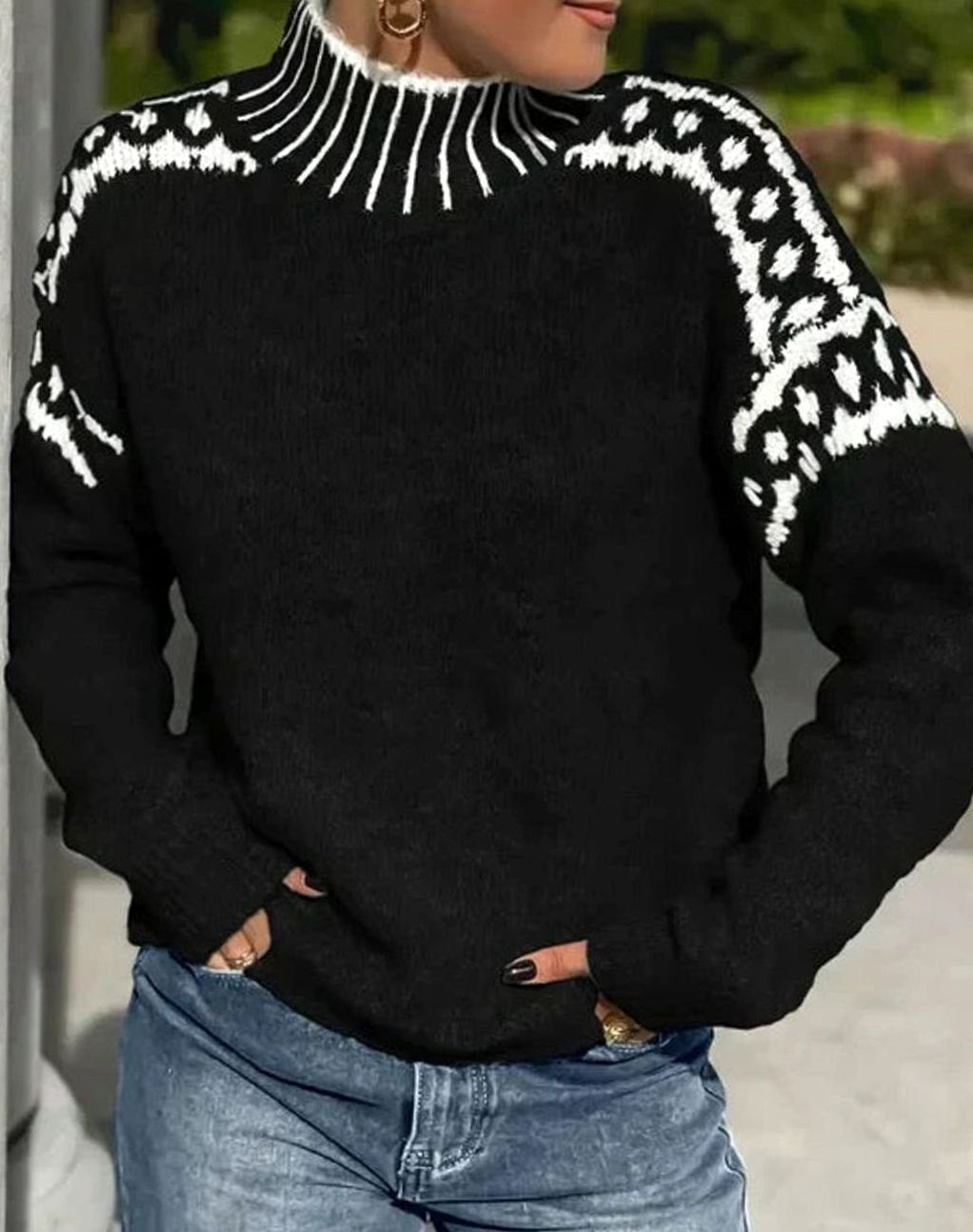 Women's Fair Isle Turtleneck Relaxed Knit Sweater - Black