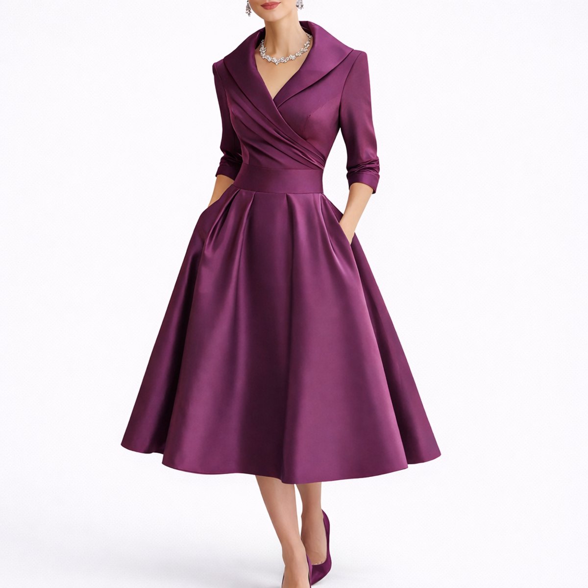 Women's Fall Wedding Guest Dresses A-Line Midi Wrap Dress - Purple