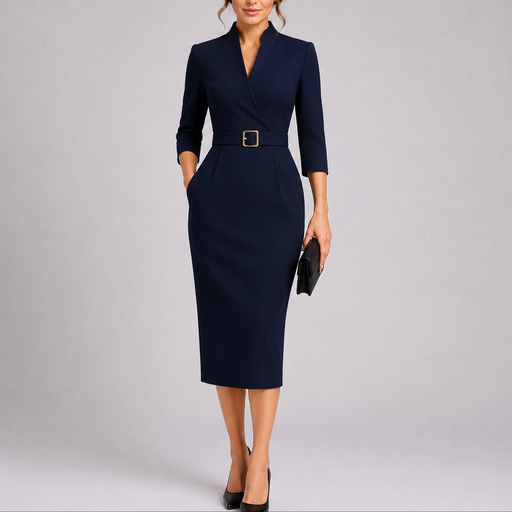 Women's Fall Wedding Guest Dresses Belted V-Neck Midi Sheath Dress - Navy