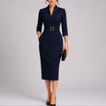 Women's Fall Wedding Guest Dresses Belted V-Neck Midi Sheath Dress - Navy