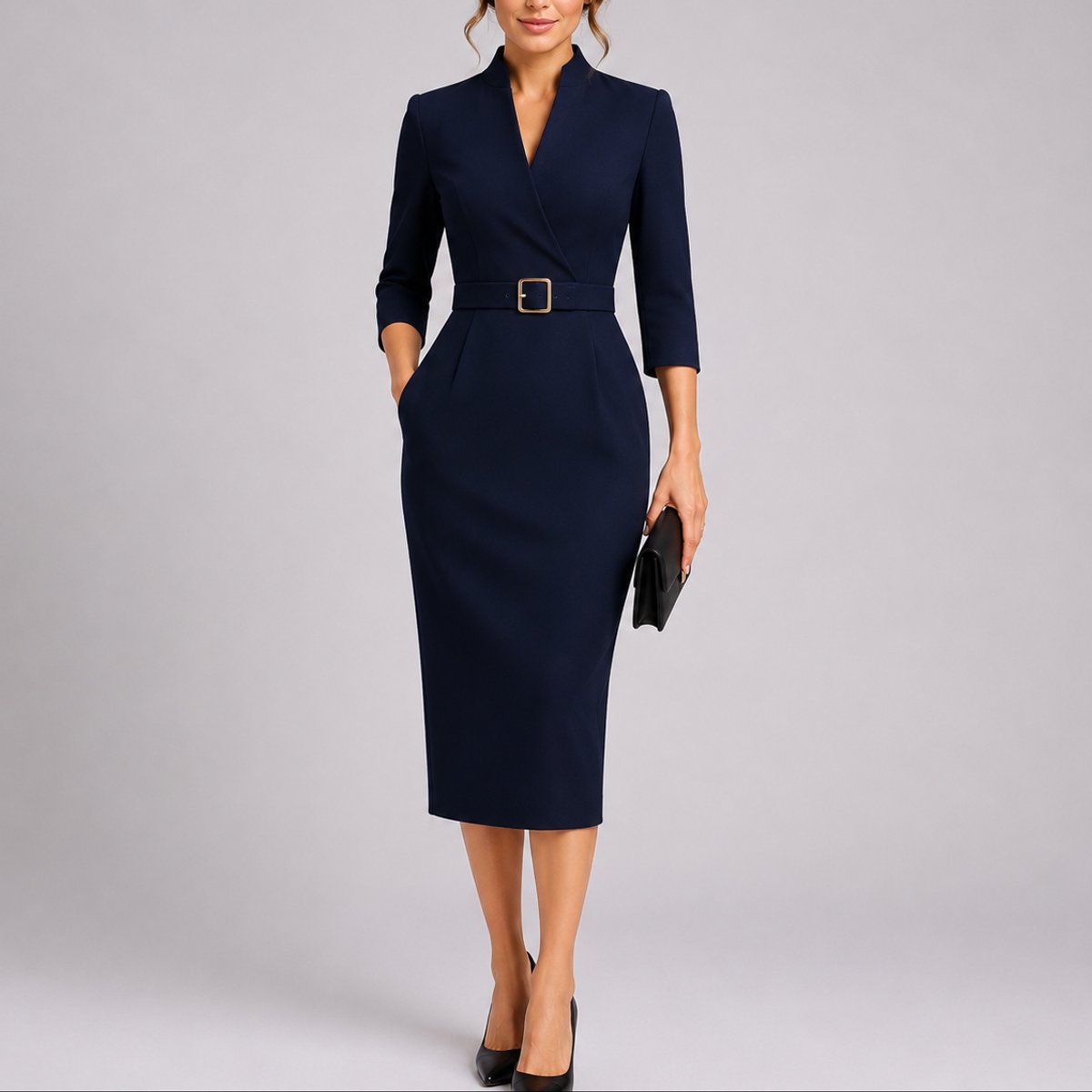 Women's Fall Wedding Guest Dresses Belted V-Neck Midi Sheath Dress - Navy