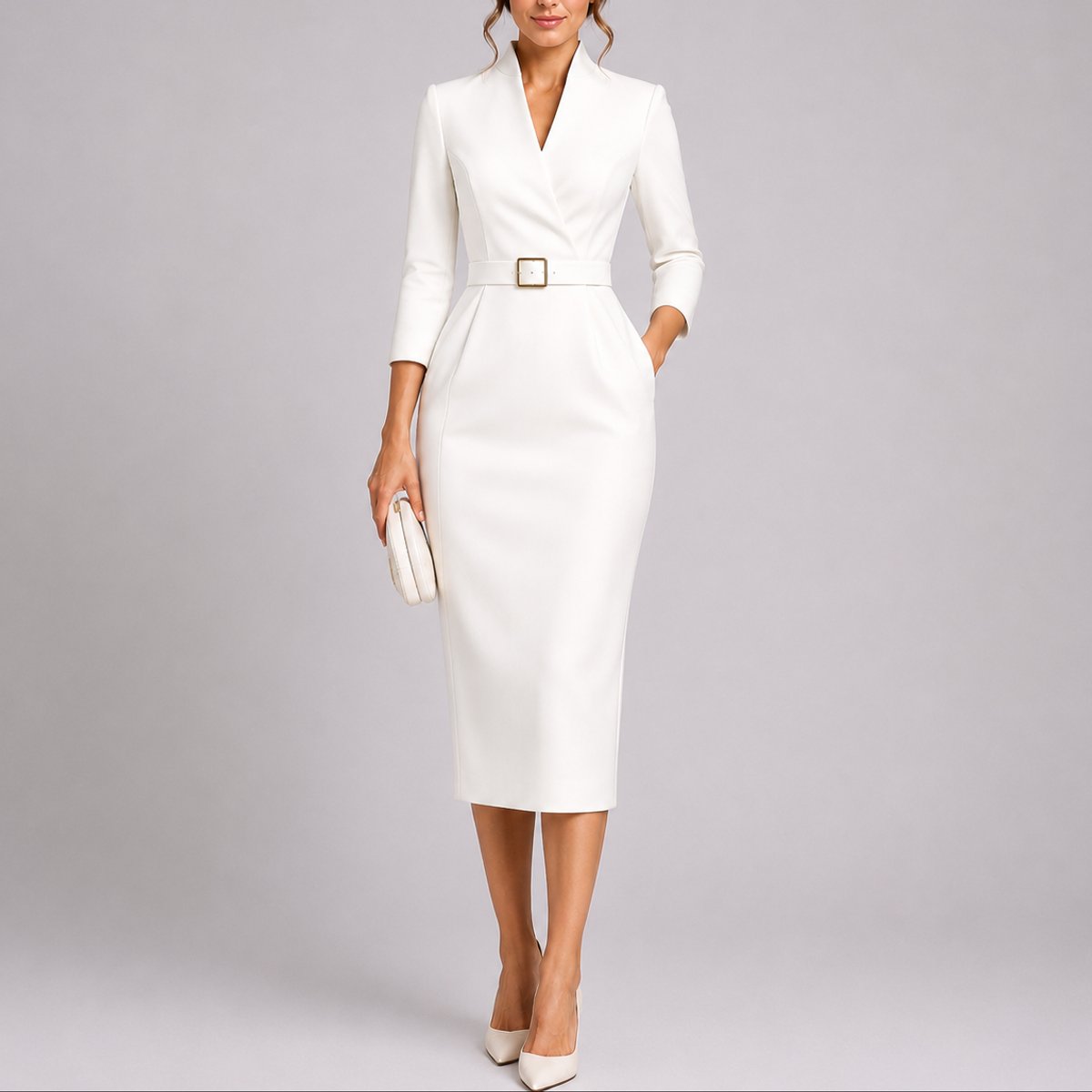 Women's Fall Wedding Guest Dresses Belted V-Neck Midi Sheath Dress - White