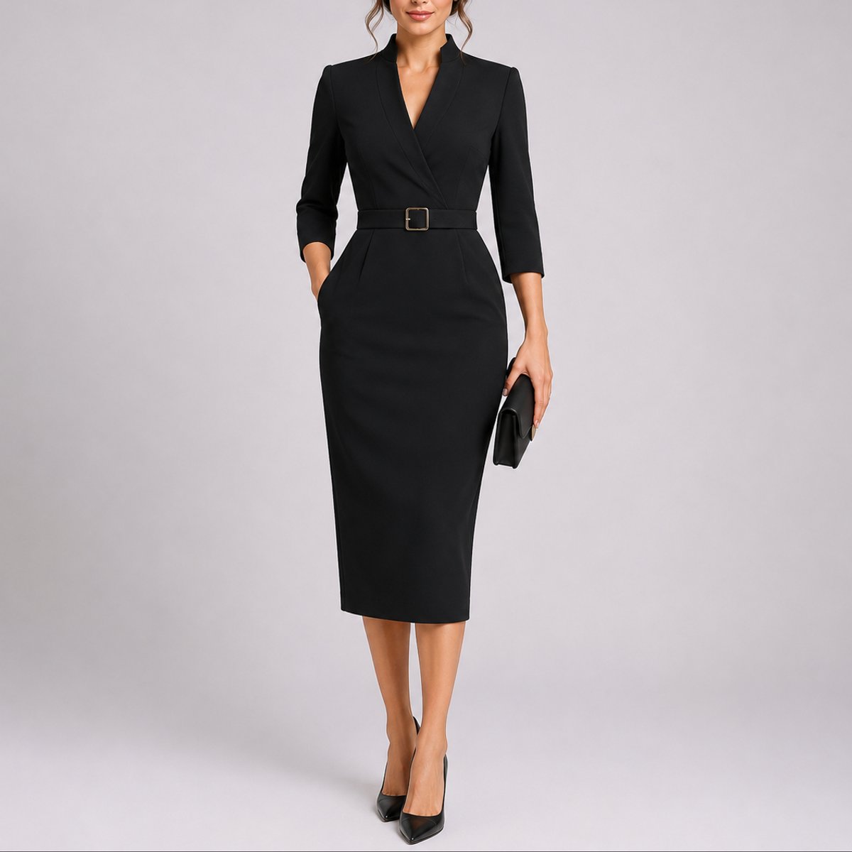Women's Fall Wedding Guest Dresses Belted V-Neck Midi Sheath Dress - Black