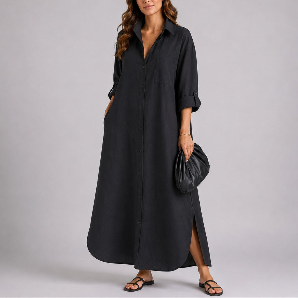 Women's Fall Wedding Guest Dresses Oversized Linen Button-Front Maxi - Black