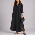 Women's Fall Wedding Guest Dresses Oversized Linen Button-Front Maxi - Black