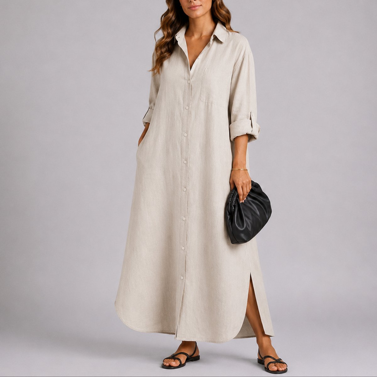 Women's Fall Wedding Guest Dresses Oversized Linen Button-Front Maxi - Beige
