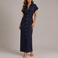 Women's Fall Wedding Guest Maxi Shirt Dress Ruched Waist Button-Front - Navy