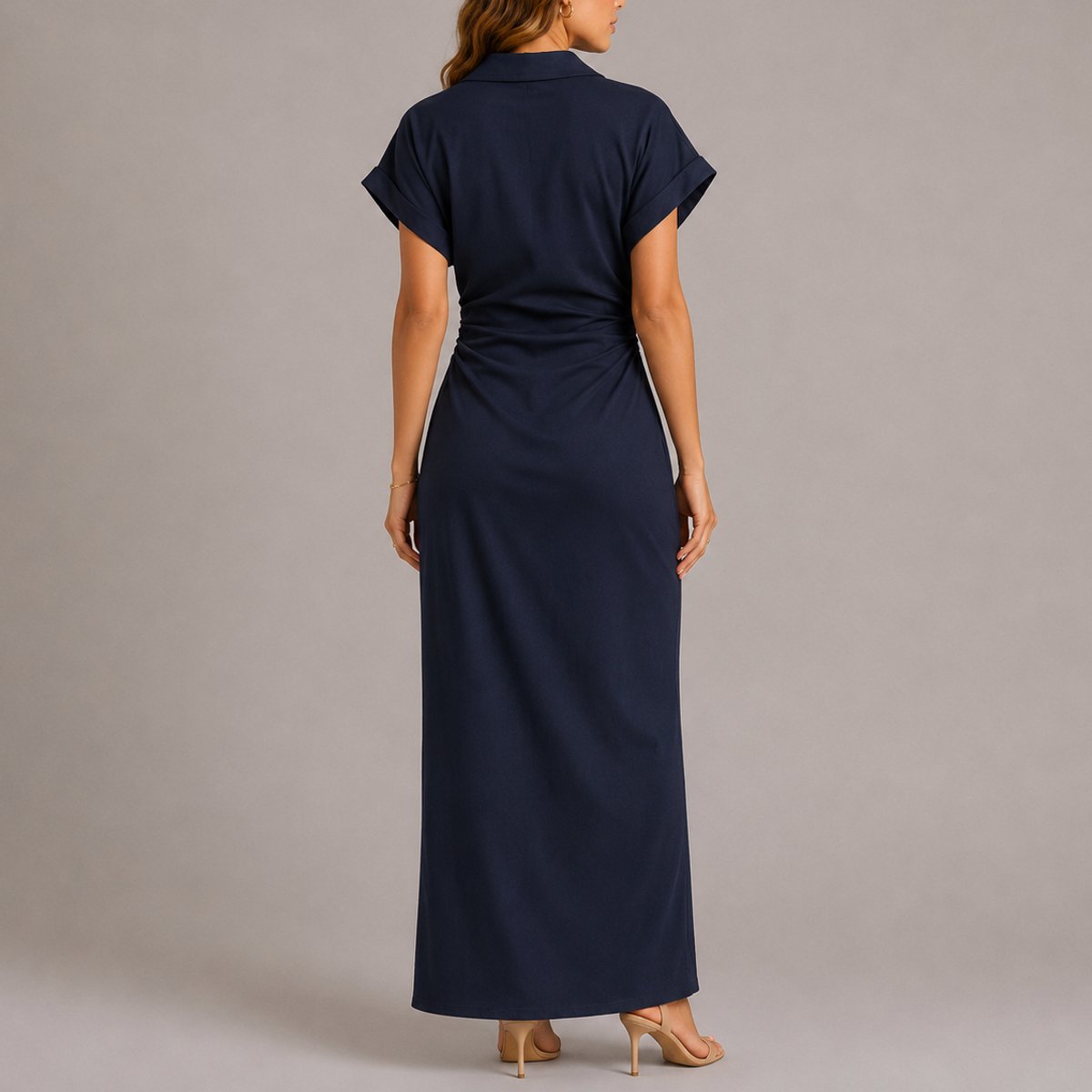 Women's Fall Wedding Guest Maxi Shirt Dress Ruched Waist Button-Front