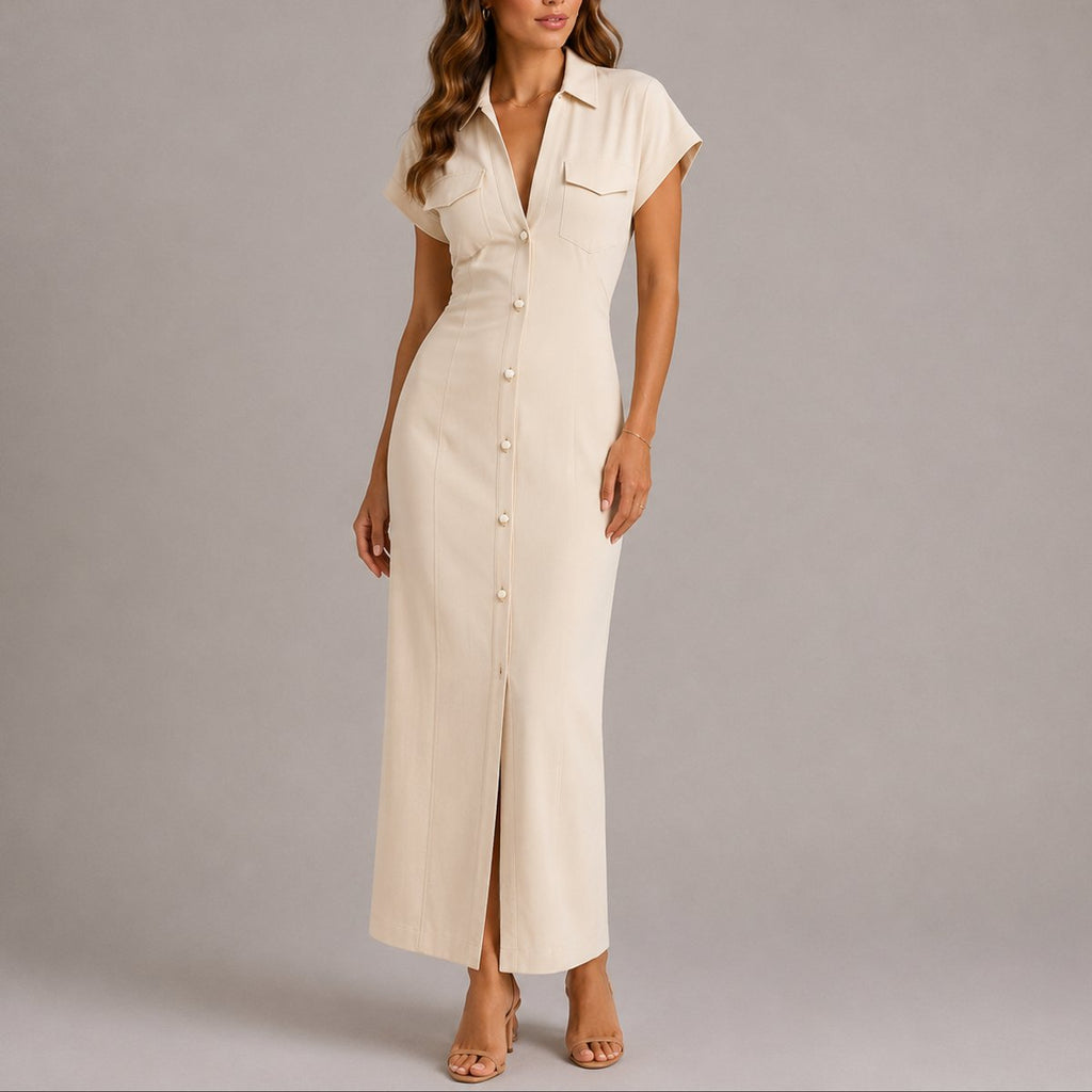 Women's Fall Wedding Guest Maxi Shirt Dress Ruched Waist Button-Front - Beige