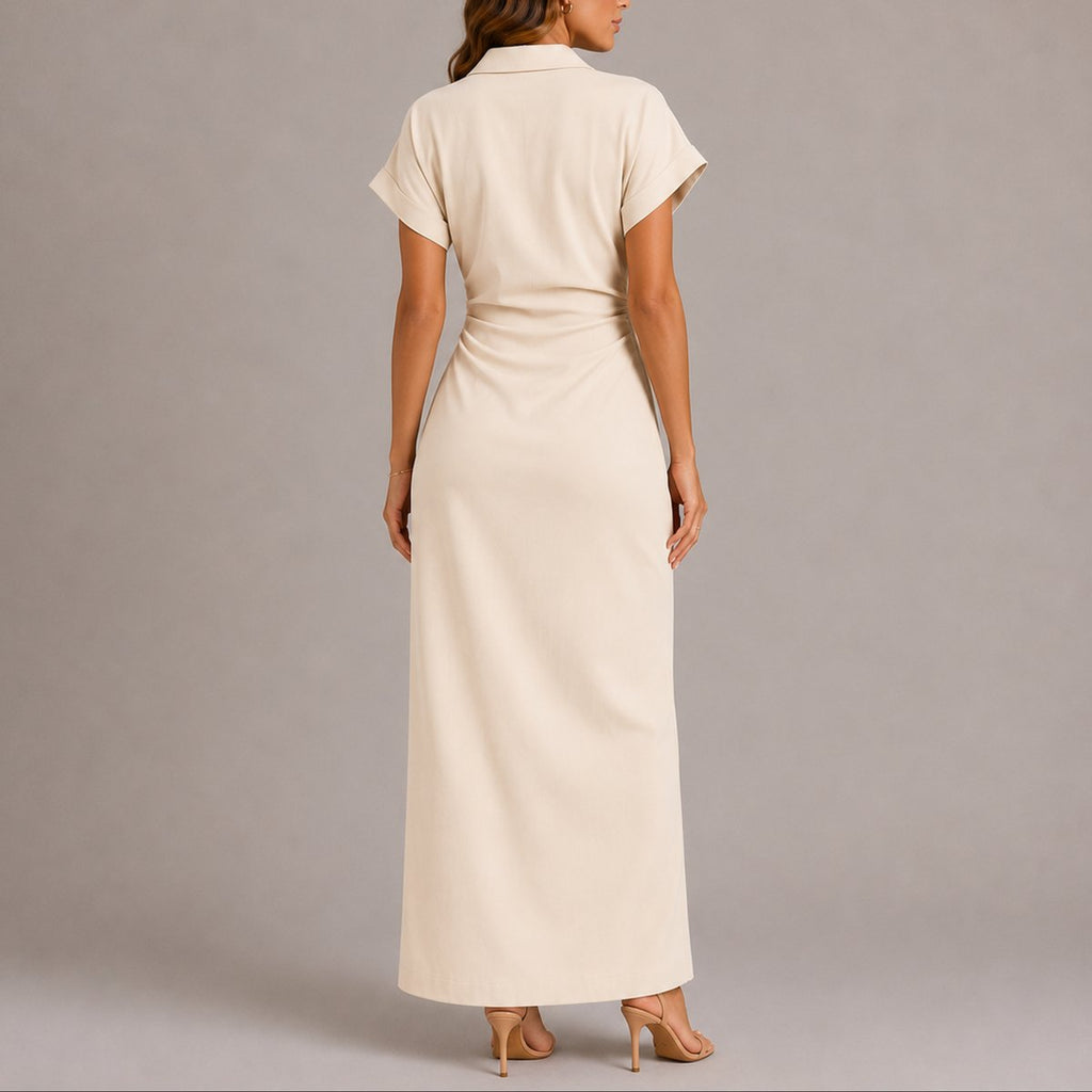 Women's Fall Wedding Guest Maxi Shirt Dress Ruched Waist Button-Front