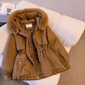 Women's Faux Fur Hooded Drawstring Winter Coat - Brown