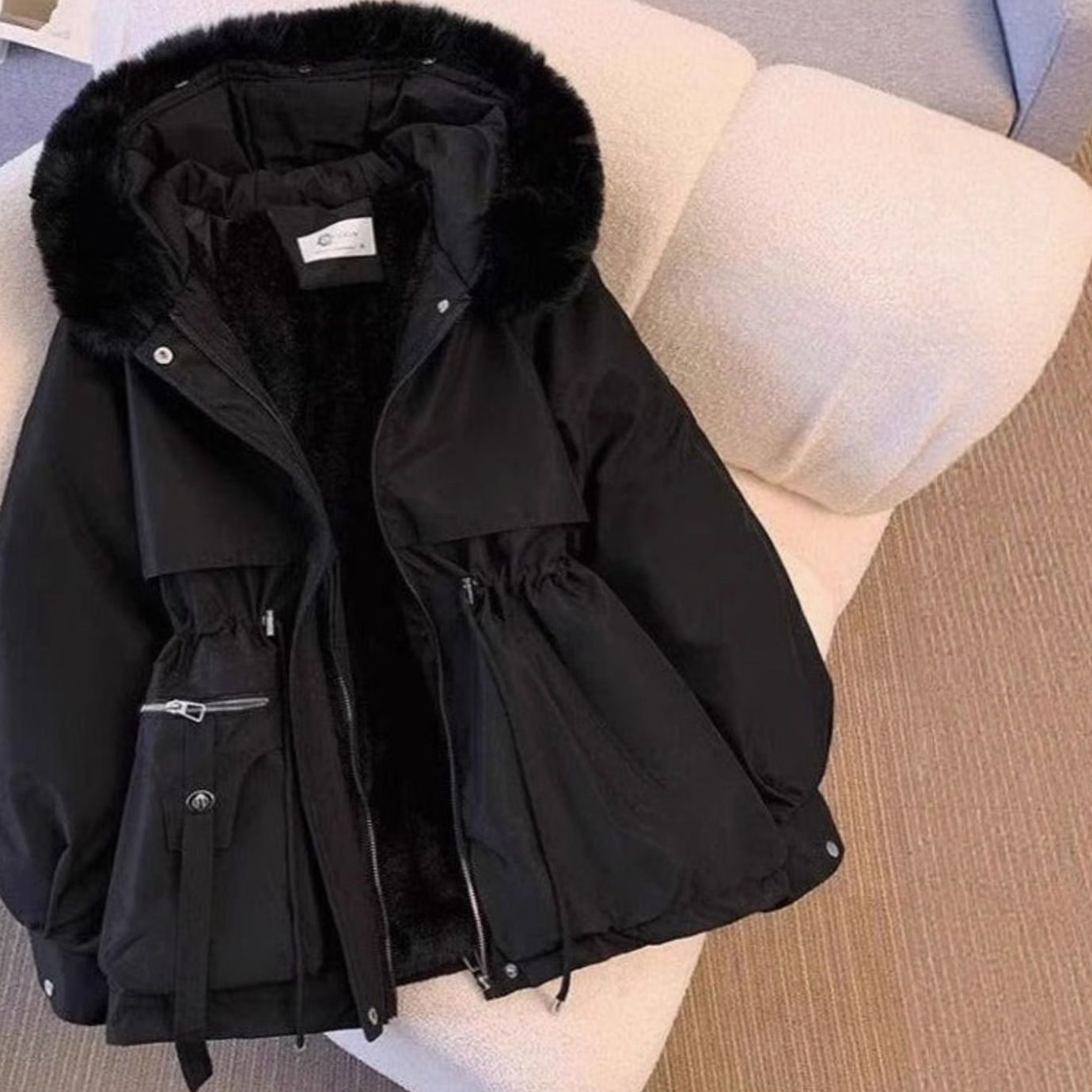 Women's Faux Fur Hooded Drawstring Winter Coat - Black