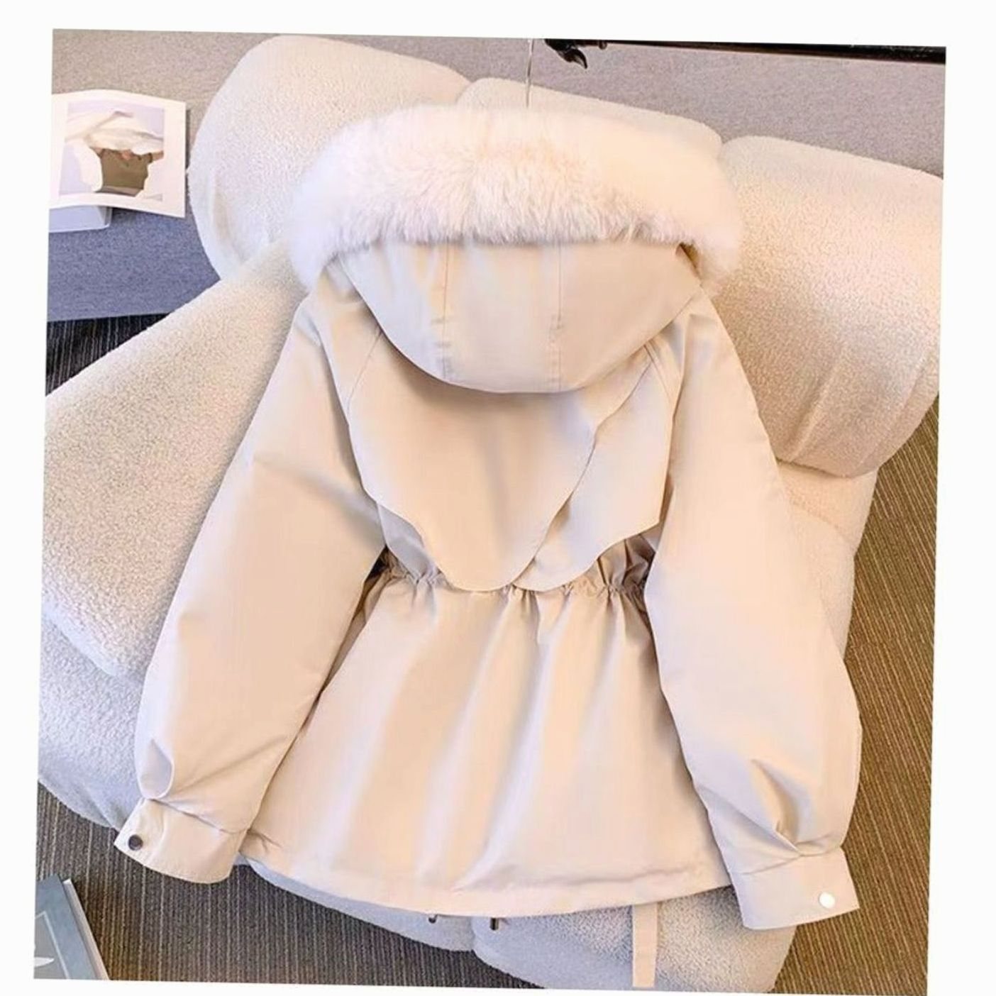 Women's Faux Fur Hooded Drawstring Winter Coat - White