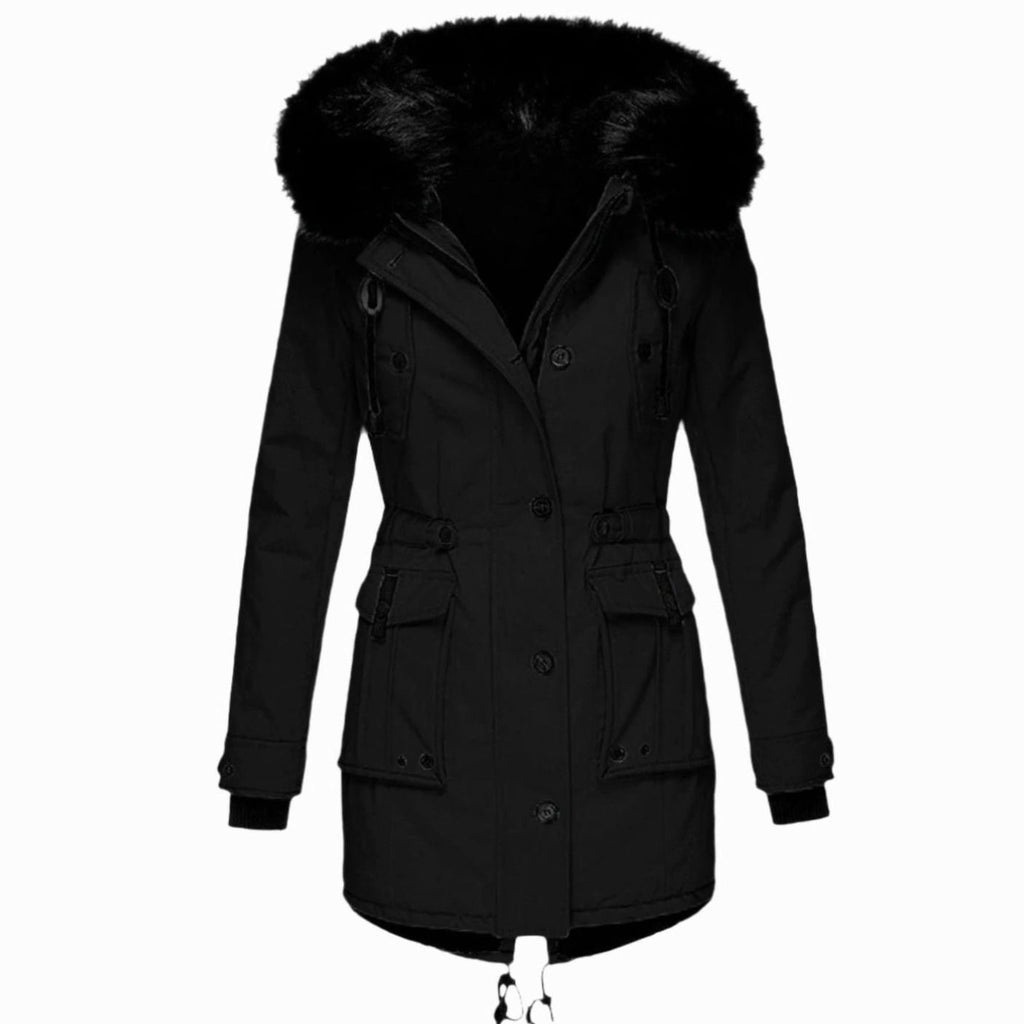Women's Faux Fur Hooded Insulated Winter Parka Coat - Black