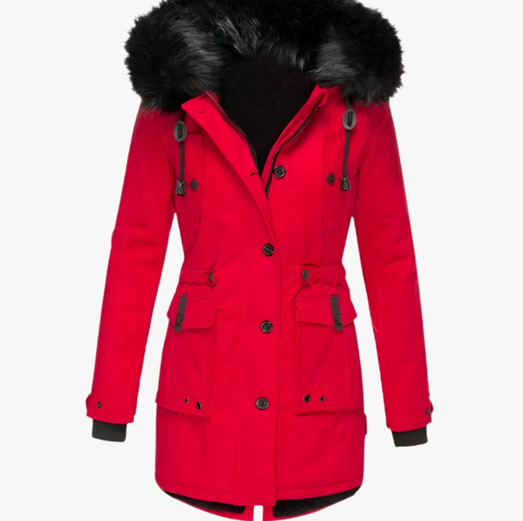 Women's Faux Fur Hooded Insulated Winter Parka Coat - Red