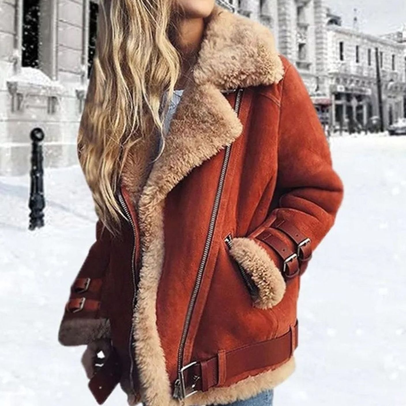 Women's Faux Fur Lined Shearling Moto Jacket Buckle Zip - Orange