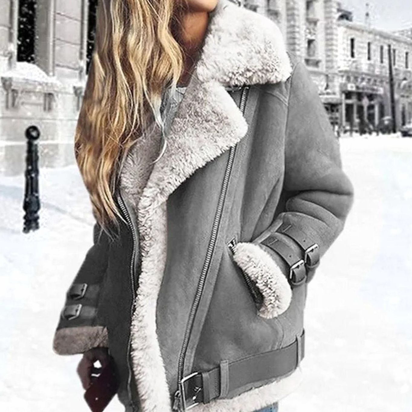 Women's Faux Fur Lined Shearling Moto Jacket Buckle Zip - Gray