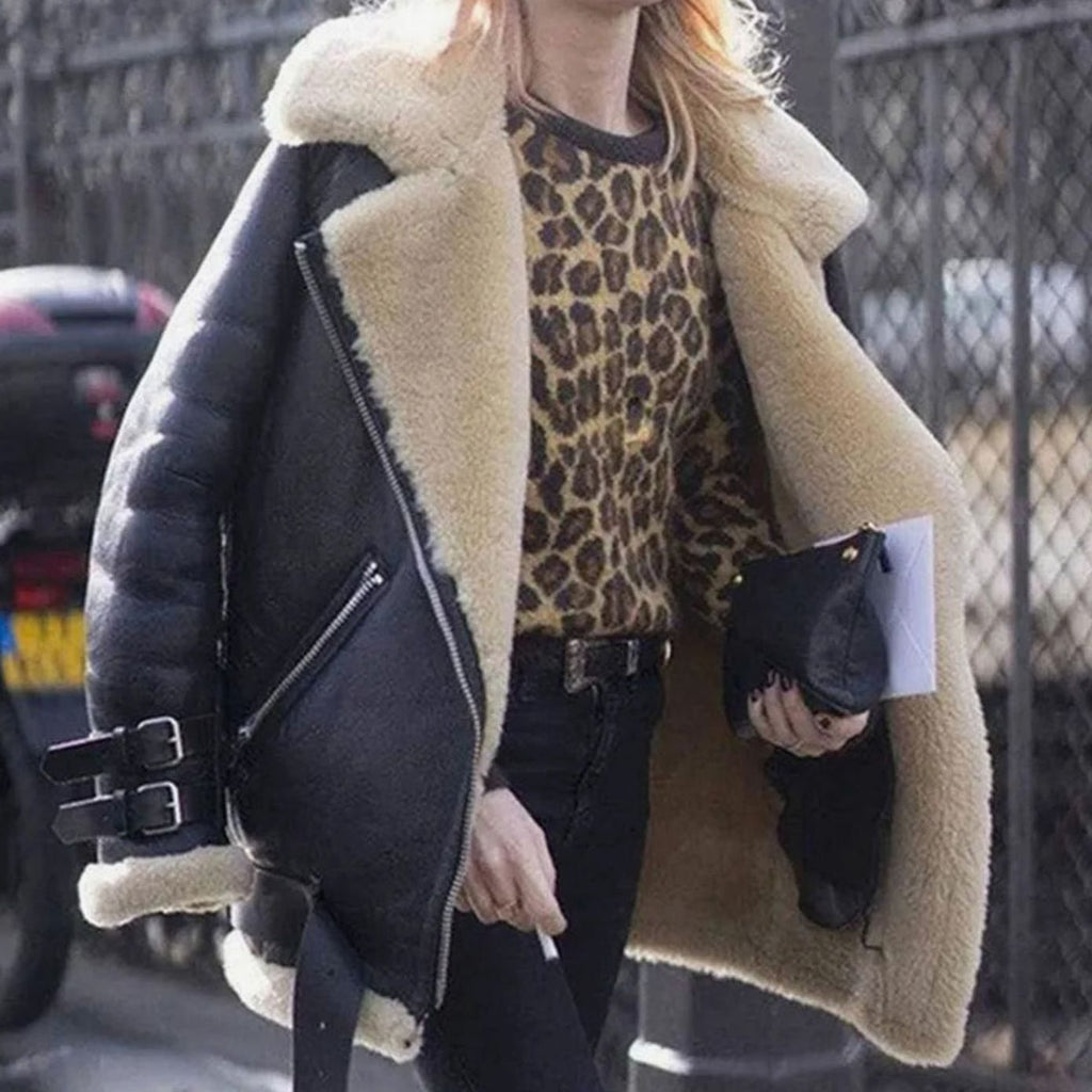 Women's Faux Fur Lined Shearling Moto Jacket Buckle Zip - Black