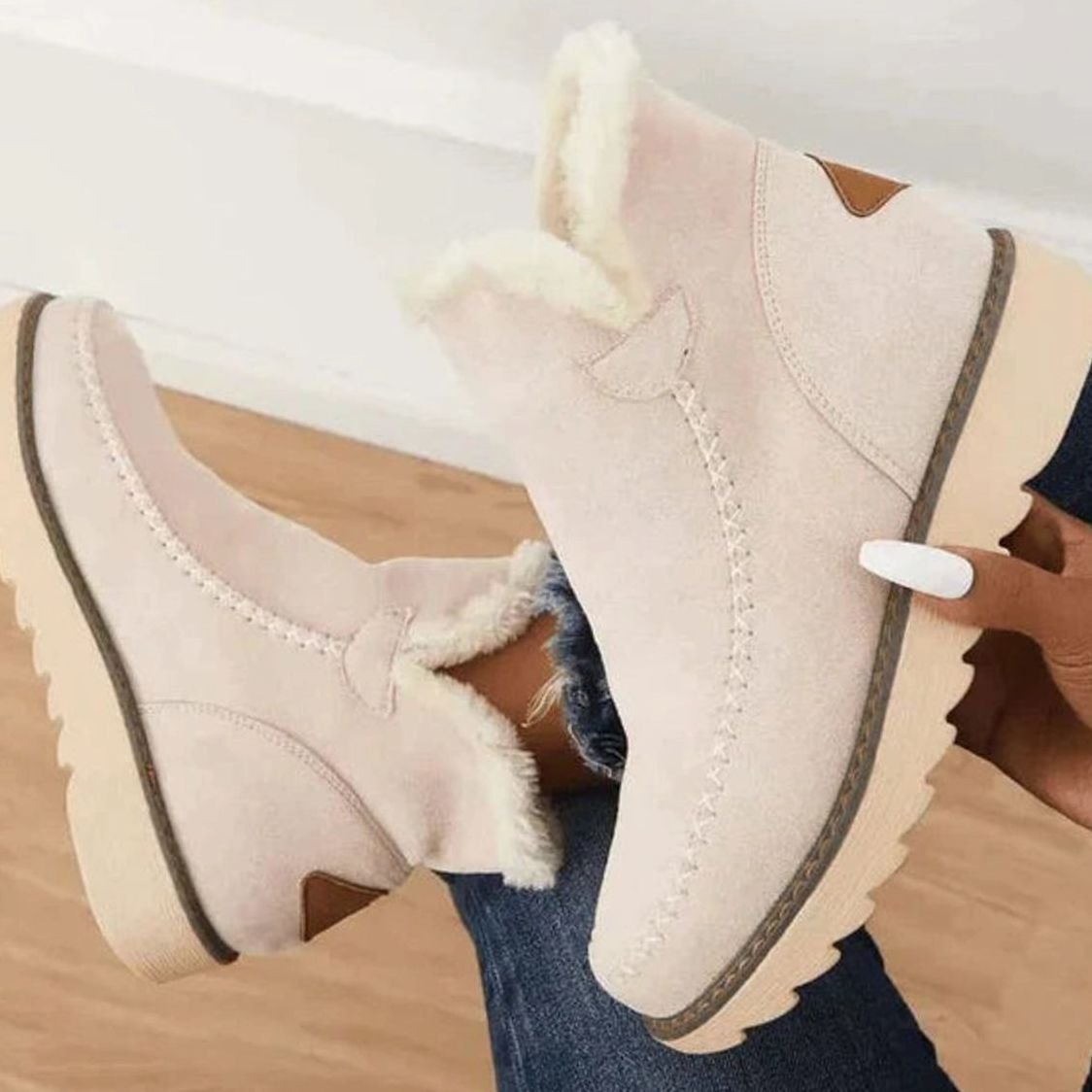 Women's Faux-Fur Lined Slip-On Warm Winter Ankle Boots - Beige