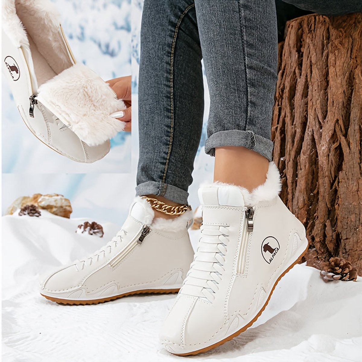Women's Faux-Fur Lined Zip-Up Winter Ankle Boots - White