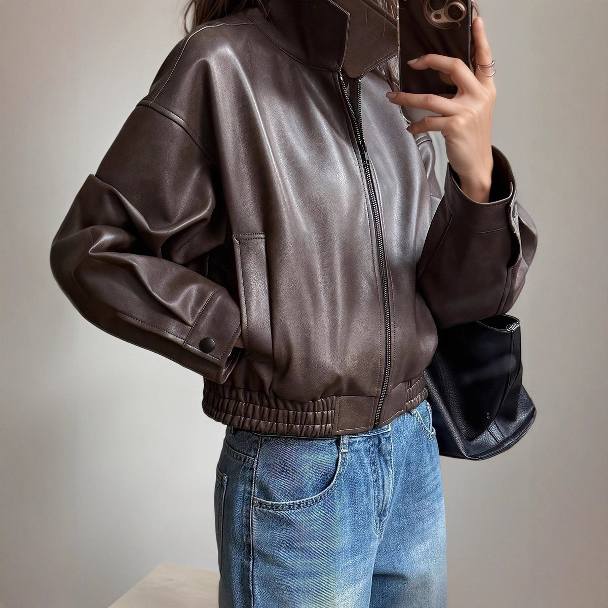 Women's Faux Leather Bomber Zip-Up Jacket Long Sleeve