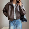 Women's Faux Leather Bomber Zip-Up Jacket Long Sleeve - Dark Brown