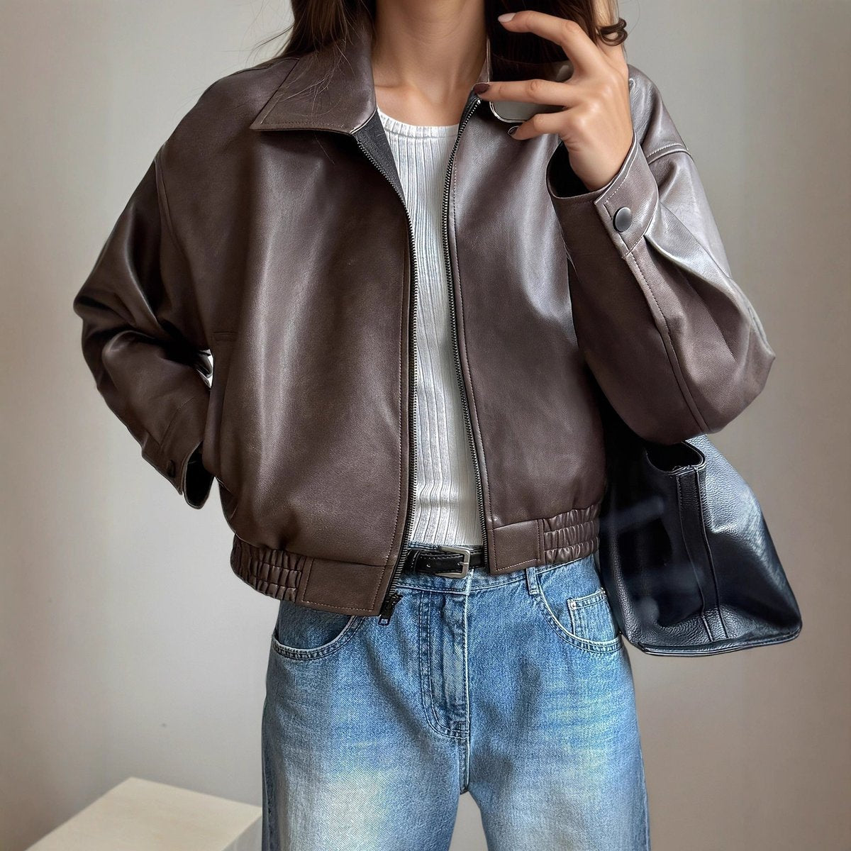 Women's Faux Leather Bomber Zip-Up Jacket Long Sleeve - Dark Brown