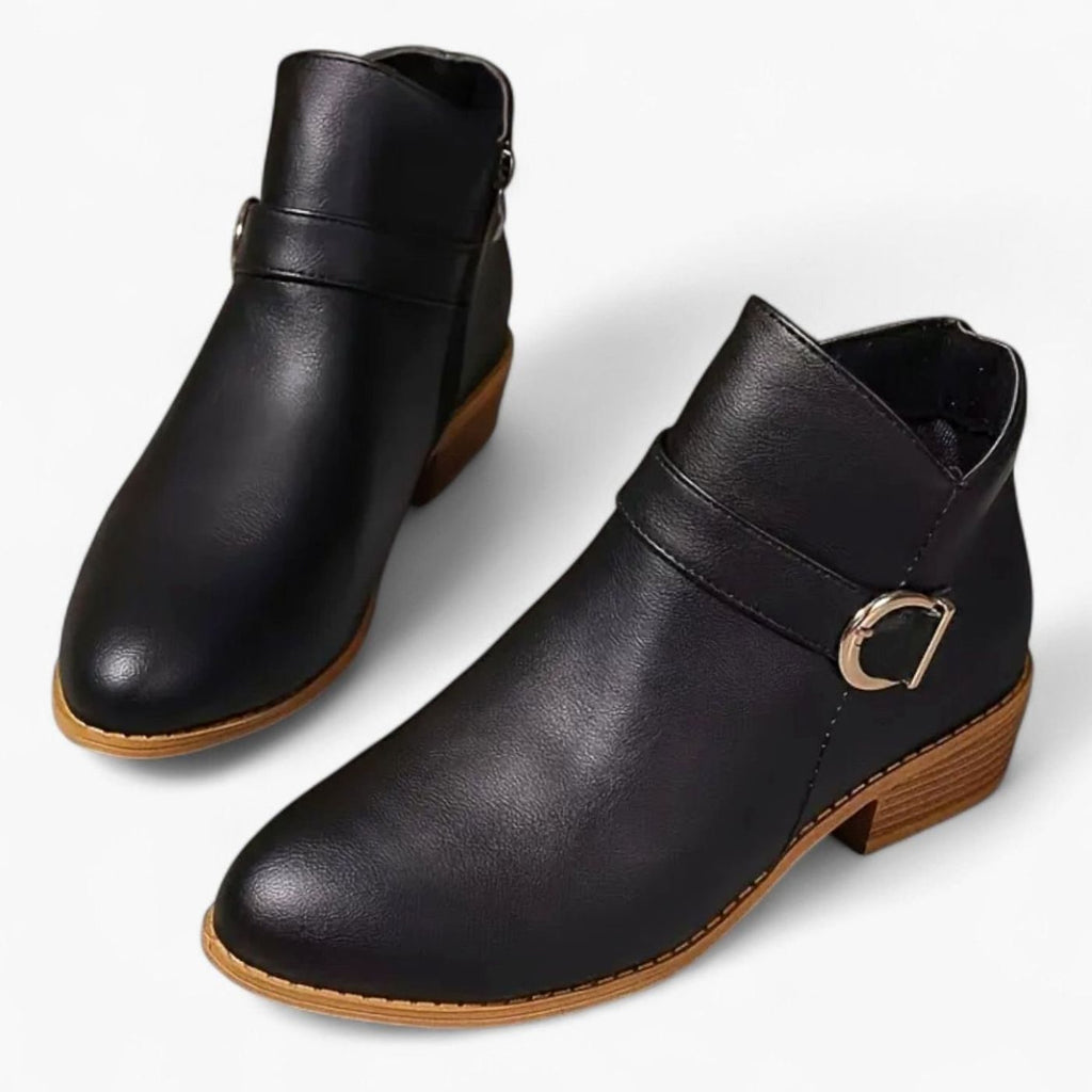 Women's Faux Leather Buckle-Strap Low-Heel Ankle Boots - Black