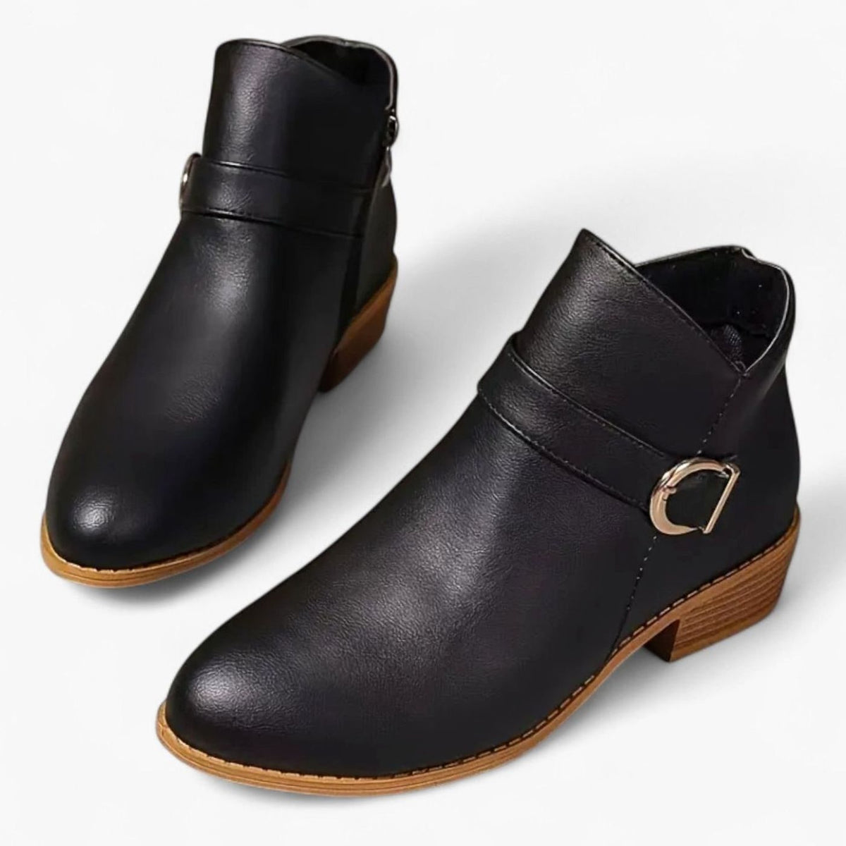 Women's Faux Leather Buckle-Strap Low-Heel Ankle Boots - Black