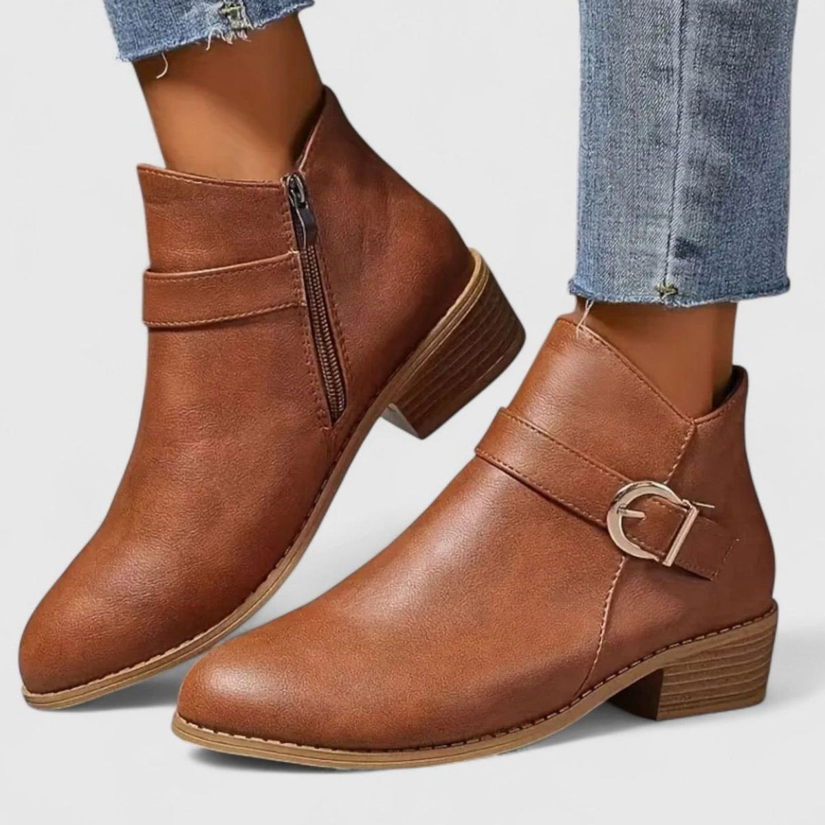 Women's Faux Leather Buckle-Strap Low-Heel Ankle Boots - Brown