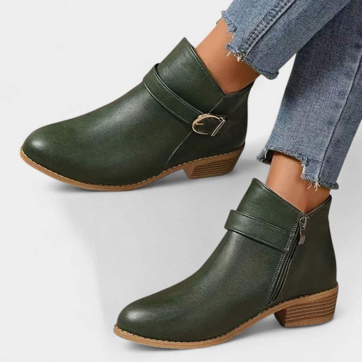 Women's Faux Leather Buckle-Strap Low-Heel Ankle Boots - Dark Green