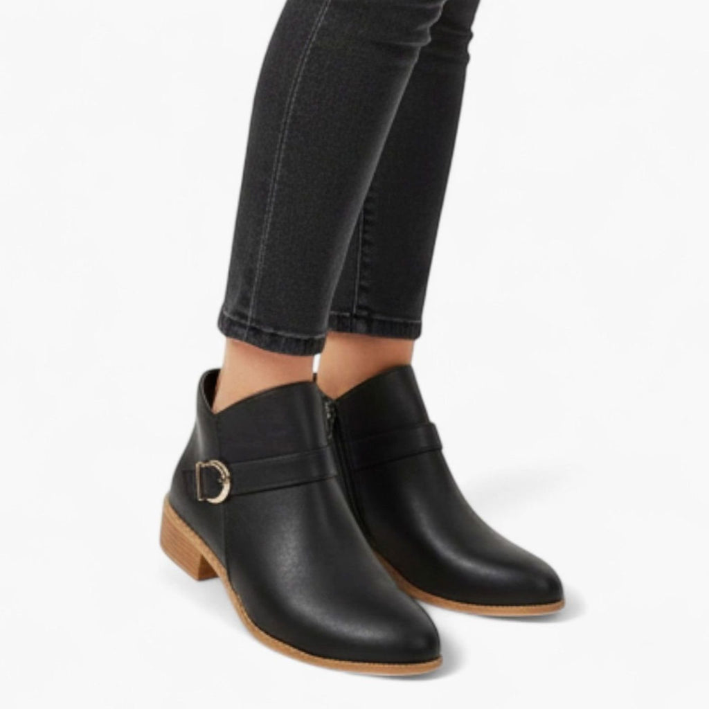 Women's Faux Leather Buckle-Strap Low-Heel Ankle Boots