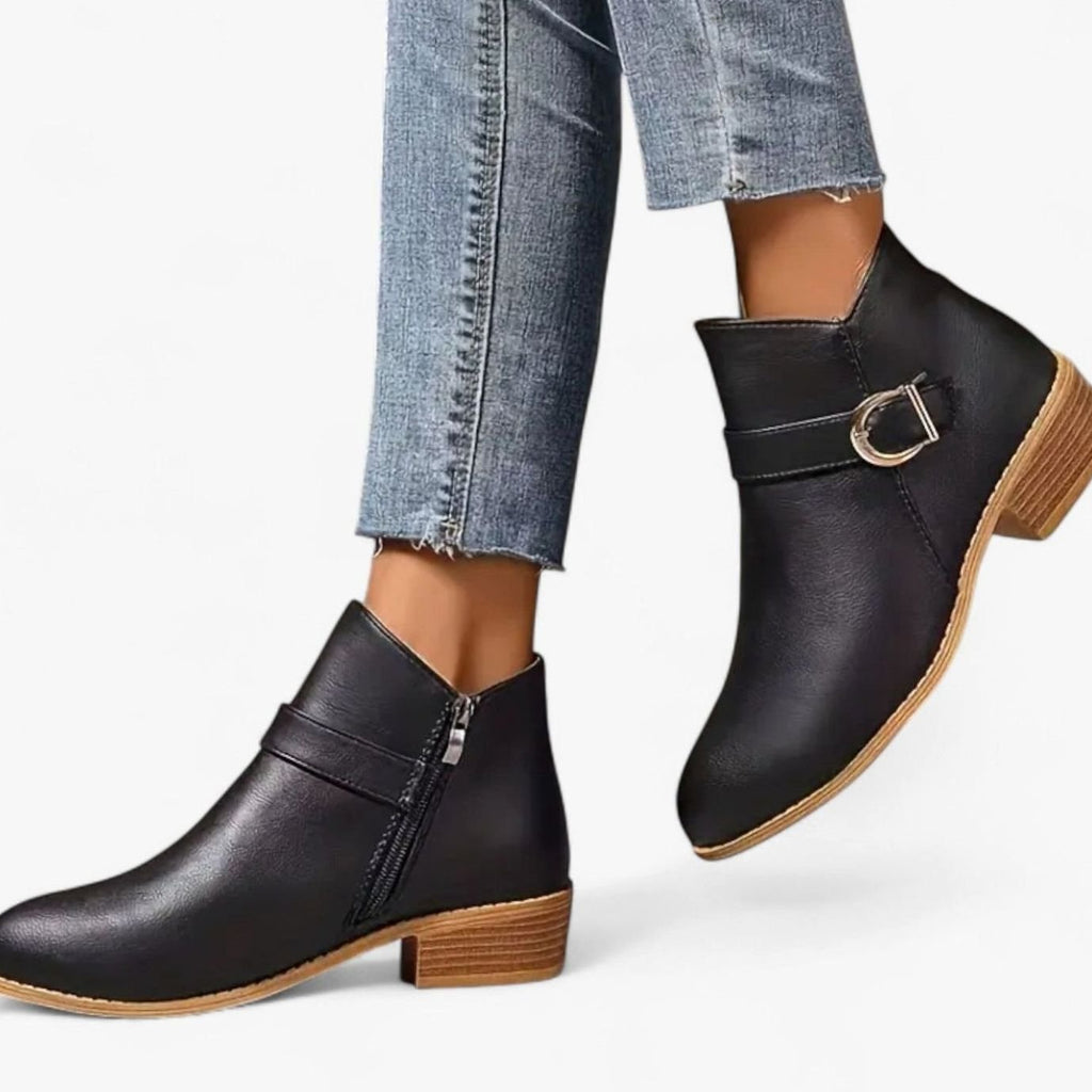 Women's Faux Leather Buckle-Strap Low-Heel Ankle Boots