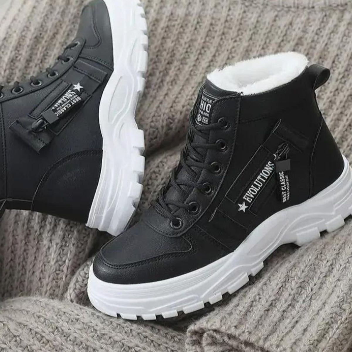 Women's Faux Leather Fleece-Lined Lace-Up High-Top Winter Sneaker Boots - Black