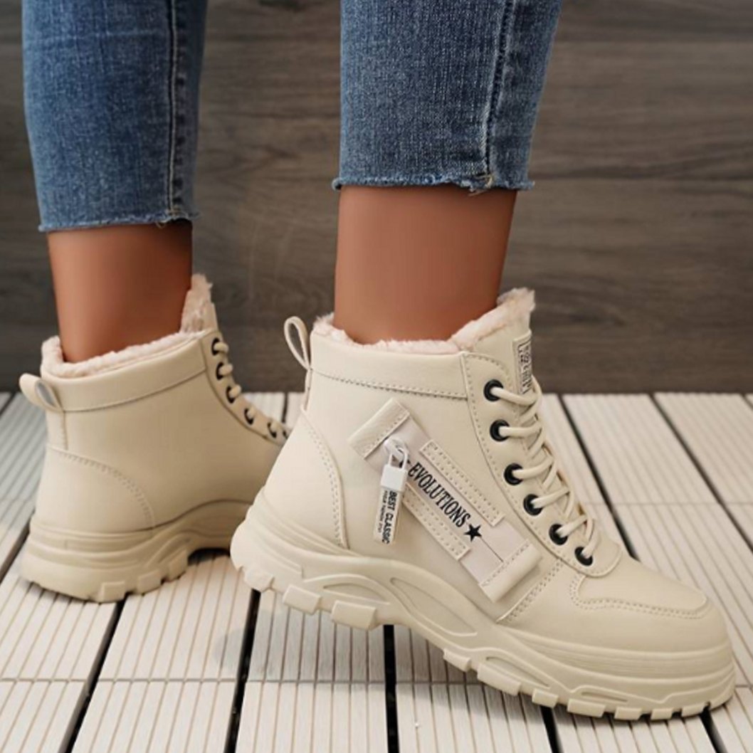 Women's Faux Leather Fleece-Lined Lace-Up High-Top Winter Sneaker Boots - Khaki