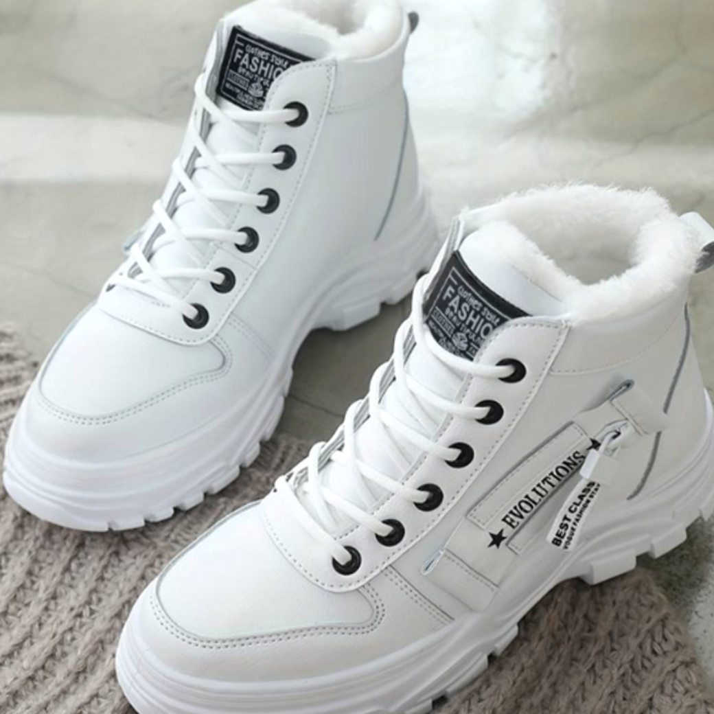 Women's Faux Leather Fleece-Lined Lace-Up High-Top Winter Sneaker Boots - White