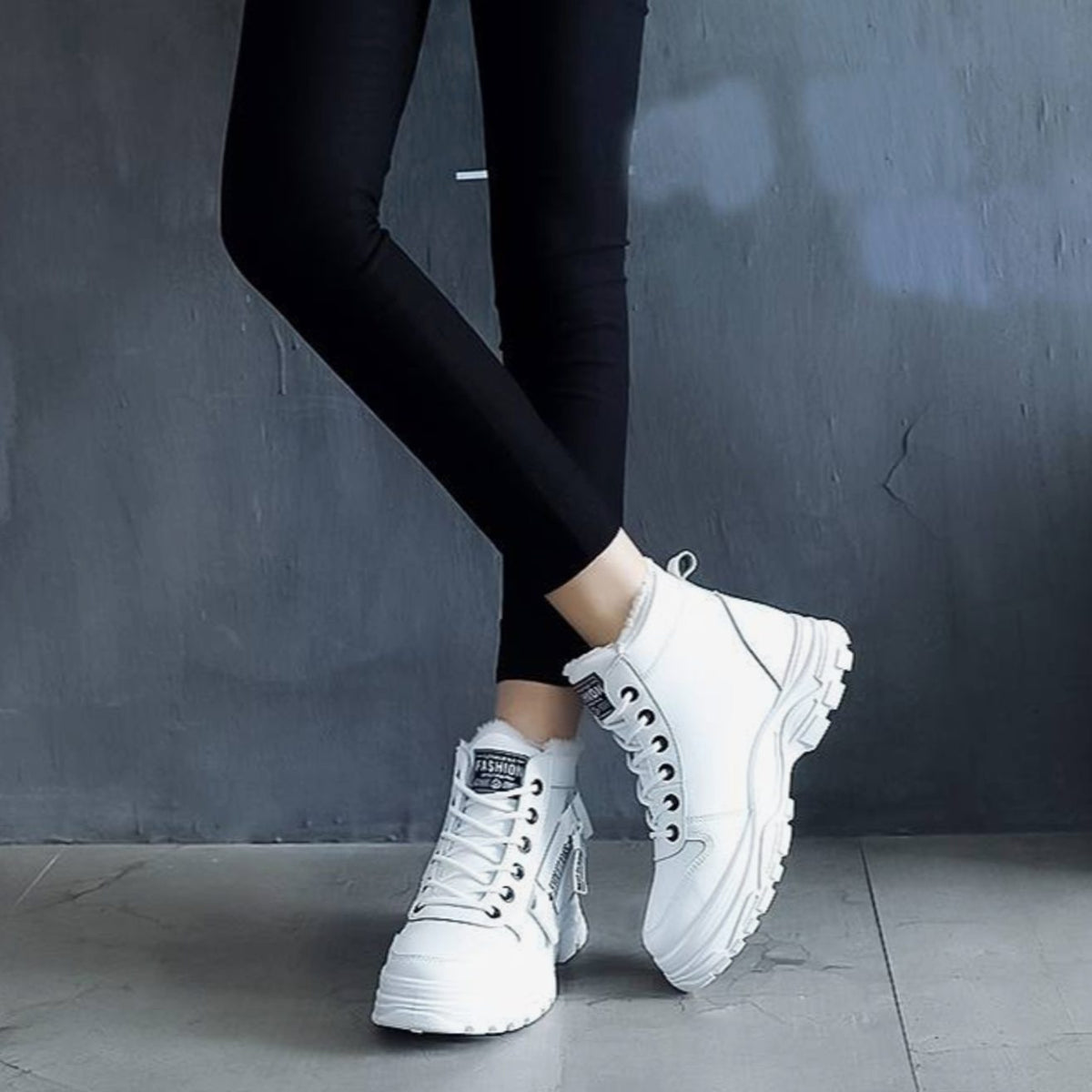 Women's Faux Leather Fleece-Lined Lace-Up High-Top Winter Sneaker Boots