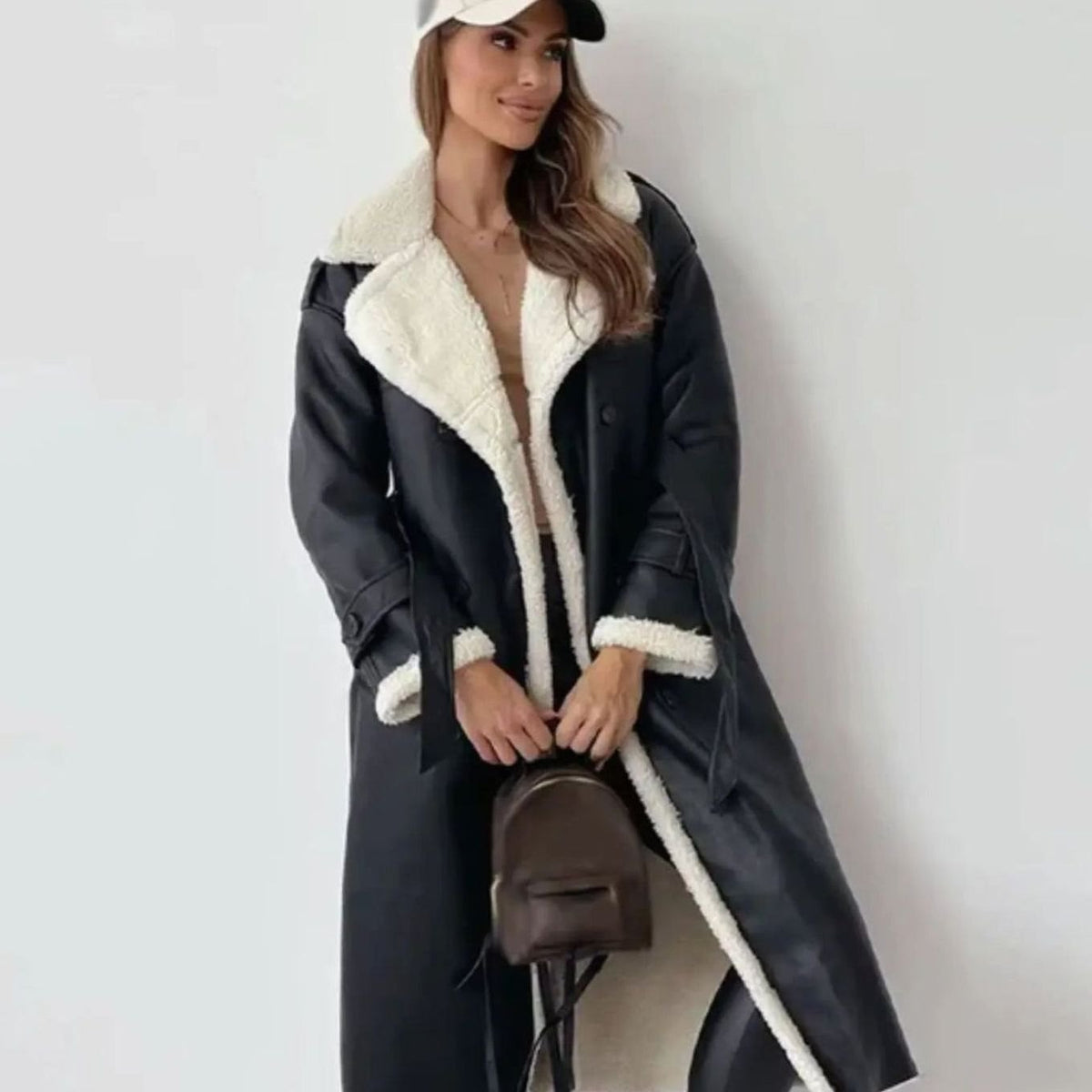 Women's Faux Leather Fleece-Lined Long Oversized Winter Coat - Black