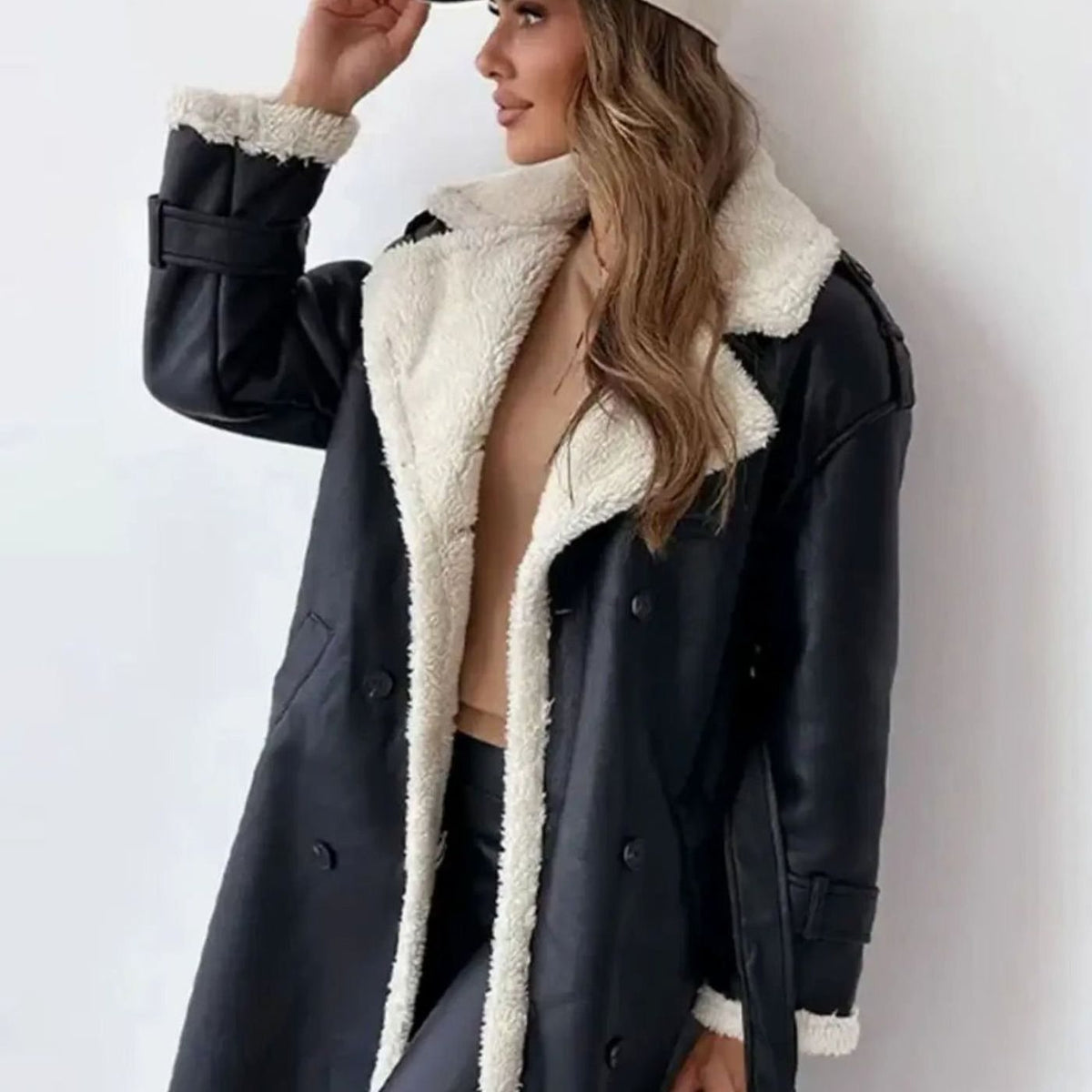 Women's Faux Leather Fleece-Lined Long Oversized Winter Coat
