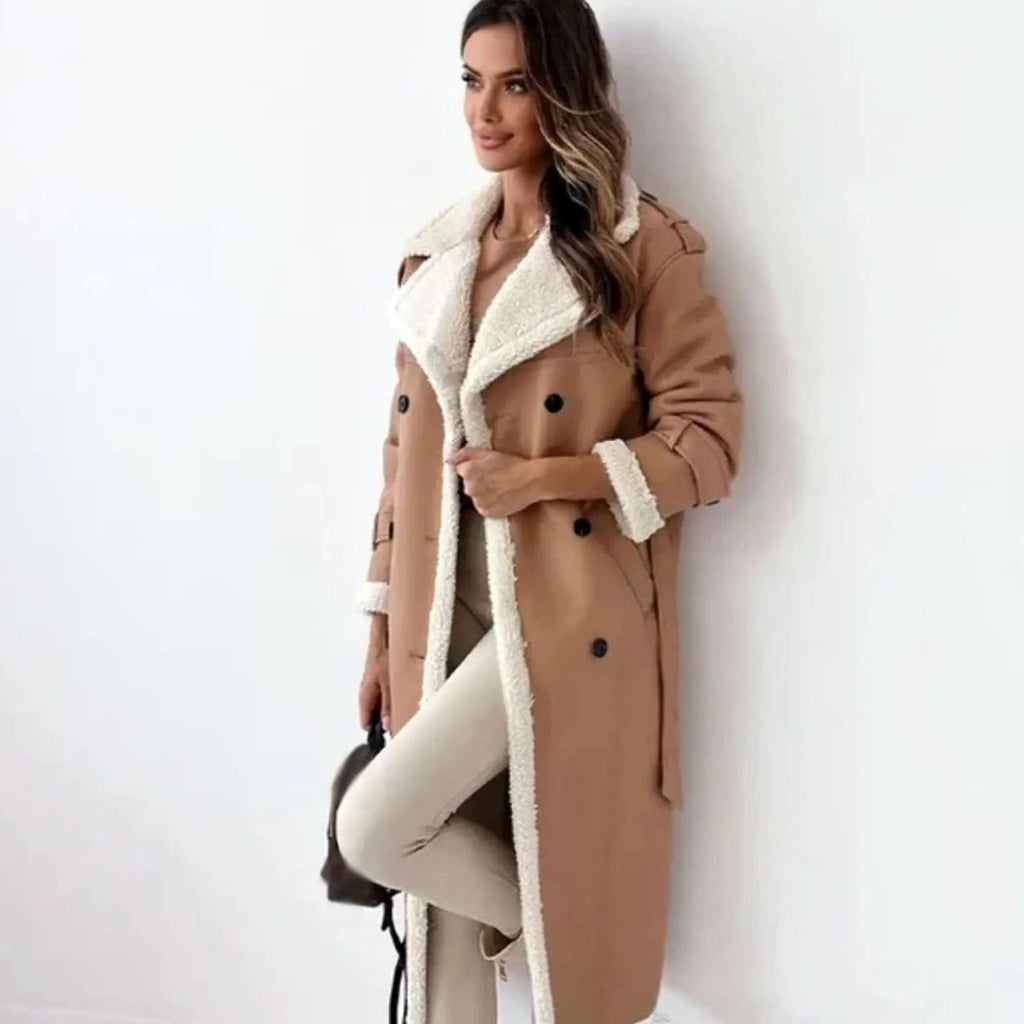Women's Faux Leather Fleece-Lined Long Oversized Winter Coat - Khaki