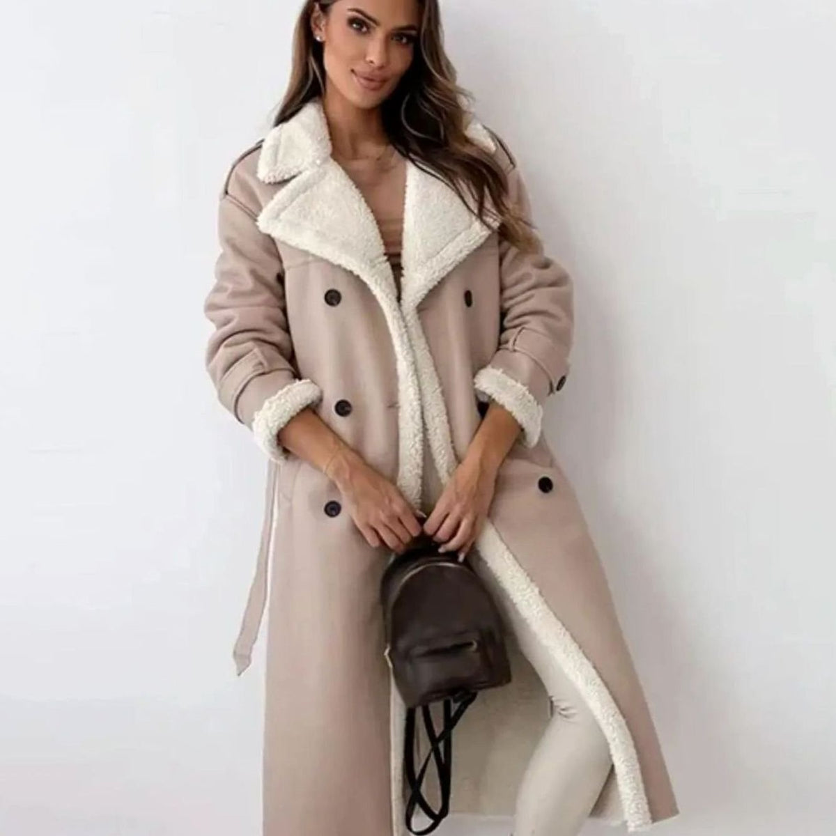 Women's Faux Leather Fleece-Lined Long Oversized Winter Coat - Apricot