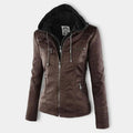 Women's Faux Leather Hooded Moto Jacket Full-Zip - Brown