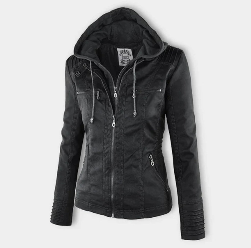 Women's Faux Leather Hooded Moto Jacket Full-Zip - Black